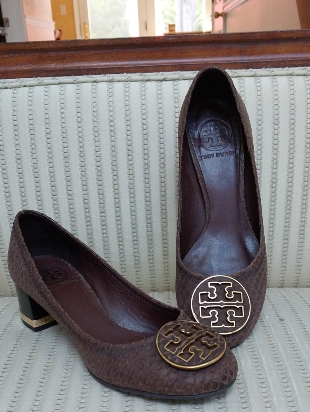 Tory Burch Brown Textured Leather Block Heel Pumps with Gold Logo